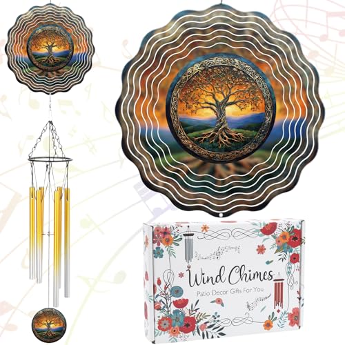 Tree of Life Wind Chimes - Metal Windchime with Spinners Outdoor Garden Patio Yard Decor Indoor Balcony Home Hanging Christmas New Year Housewarming Birthday Gift for Women Mom Grandma Wife