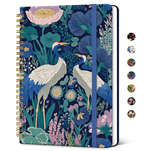 Taja Spiral Journal Notebook for Women, Pretty Hardcover Lined Notebook for Work & Note Taking, Aesthetic Cute Journal for Writing, 140 Pages, 5.8"x8.3", Midnight Cranes - color: R-Midnight Cranes