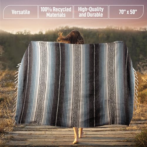 Hydration Nation Authentic Large Handwoven Mexican Blanket - Soft Yoga- Durable Serape- Lightweight Falsa, Beach, Camping, Picnic, Outdoor Blanket 70"x50" - Aqua Sky - color: Aqua Sky