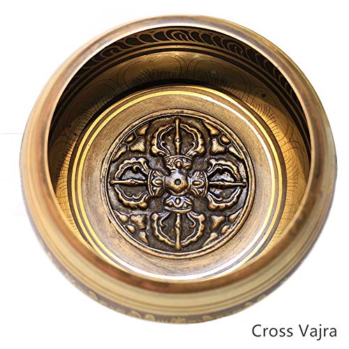 Tibetan Singing Bowl Set,Carved with Crossed Vajra and Mentra of Om Mane Padme Hum,For Sound Healing,Meditation,Yoga,Relaxation,Chakra Balance,Handmade in Nepal(4.13inches) - color: Cross Vajra, size: 10.5cm