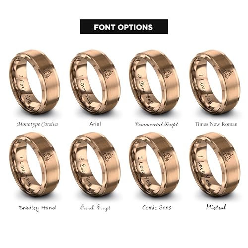 Gift for Yoga Fan - Yoga Meditation Ring - Flat Dome Bevel - Band - Men Women - Brushed Polished - Tungsten - Personalized Custom Engraving - 8mm - Anniversary Wedding - Yellow Rose Gold Silver - color: 10 - Rose Gold Tungsten