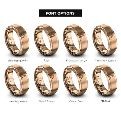 Gift for Yoga Fan - Yoga Meditation Ring - Flat Dome Bevel - Band - Men Women - Brushed Polished - Tungsten - Personalized Custom Engraving - 8mm - Anniversary Wedding - Yellow Rose Gold Silver - color: 10 - Rose Gold Tungsten