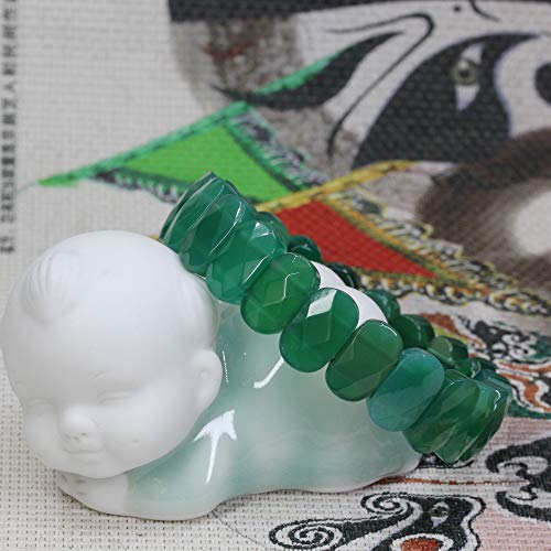 Keleny Semi Precious Stones 14mm Faceted Oval Beads Crystal Rock Elastic Bangle 7.5 Inch - color: Dyed Green Agate