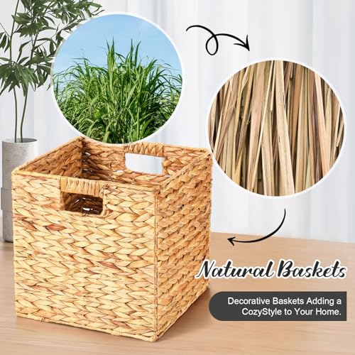 Layhit 4 Pcs Wicker Storage Basket Water Hyacinth Handwoven Baskets with Handles Foldable Woven Organizer Multipurpose Wicker Storage Bins for Bedroom Living Room(12 x 12 x 12'',Natural)