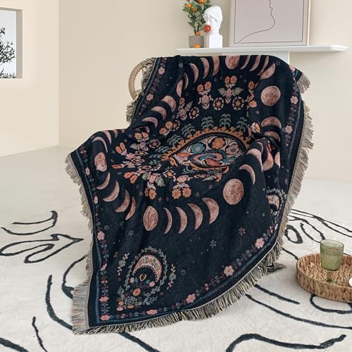 Boho Throw Blanket Reversible Cotton Bohemian Tapestry Hippie Room Decor Double Sided (Lunar Eclipse Black 50"x60") - color: Boho Lunar Eclipse Black 2, size: 50*60 inch