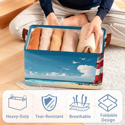 Lighthouse Seagull Storage Baskets,Beach Foldable Organizer Bin with Handles for Home Living Room Bedroom Closet Box 17x11.5x10Inch - color: Lighthouse Seagull Beach