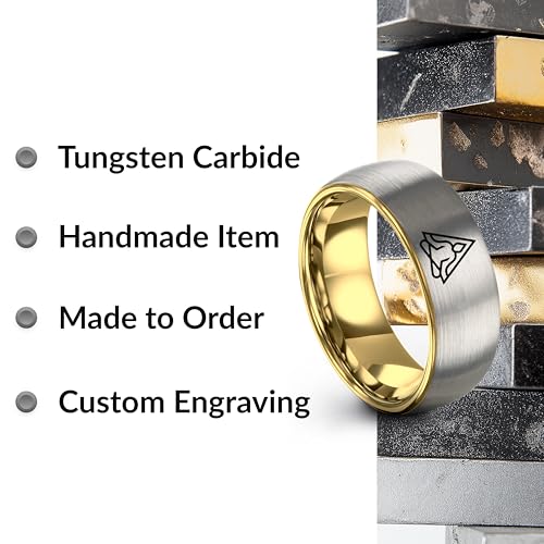 Gift for Yoga Fan - Yoga Meditation Ring - Flat Dome Bevel - Band - Men Women - Brushed Polished - Tungsten - Personalized Custom Engraving - 8mm - Anniversary Wedding - Yellow Rose Gold Silver - color: 04 - Yellow Gold Grey Tungsten