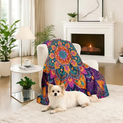 Meditation Mandala Blanket 30x40 Inch, Boho Vibrant Floral Fleece Throw Blanket for Couch Bed, Indian Hippie Bohemian Soft Blankets Cozy Lightweight Flannel Small Blankets Warm for All Season