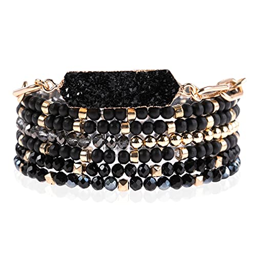 RIAH FASHION Bohemian Acrylic Druzy Multi-Layer Bead Statement Bracelet - Versatile Faux Stone Pendant Stretch Strand Stackable Cuff Bangle Set Sparkly Crystal - color: Hexa Druzy Wood Mix - Black