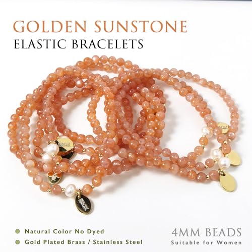 4mm Natural Gemstone Beads Stretch Bracelet for Women, With Freshwater Pearls, Energy Gem Birthday Gift for Her 7.2” - color: Sunstone