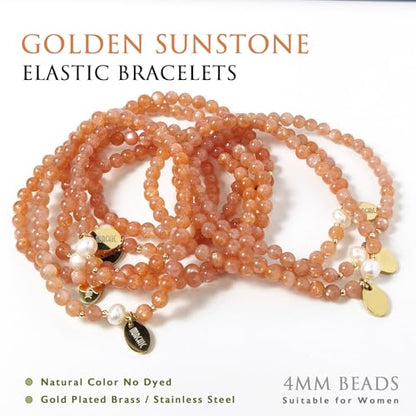 4mm Natural Gemstone Beads Stretch Bracelet for Women, With Freshwater Pearls, Energy Gem Birthday Gift for Her 7.2” - color: Sunstone