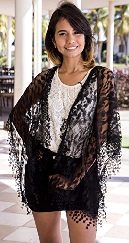 Cindy and Wendy Lightweight Soft Leaf Lace Fringes Scarf Bridal Veils shawl for Women - color: Black-1
