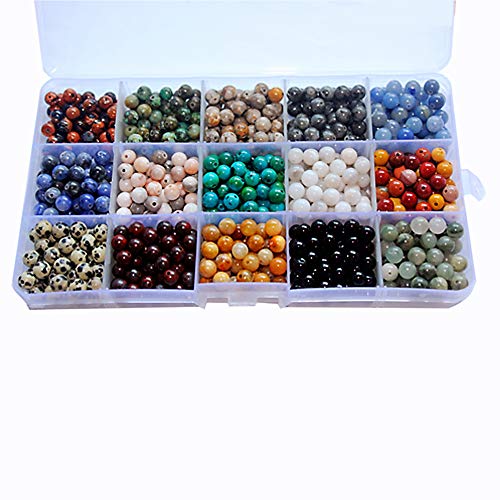 750pcs 6mm Natural & Synthetic Round Stone Beads - 1mm Hole Size, DIY Smooth Beading for Bracelet, Necklace, Earrings - Jewelry Making, Box Packed (15material-6mm) - color: 15material-6mm, size: 6mm