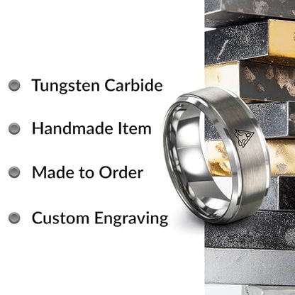 Gift for Yoga Fan - Yoga Meditation Ring - Flat Dome Bevel - Band - Men Women - Brushed Polished - Tungsten - Personalized Custom Engraving - 8mm - Anniversary Wedding - Yellow Rose Gold Silver - color: 06 - Grey Tungsten