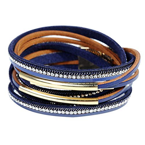 Artilady Leather Wrap Bracelets for Women - Pearl Bracelets Handmade Clasp Bangle Bracelet with Beads Jewelry Gift for Women and Mother - style: Blue with Gold bar