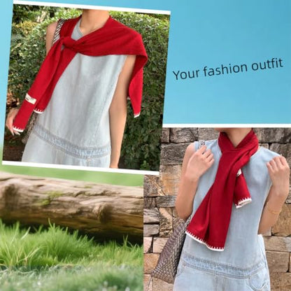 Sweater Shawl Wraps for Women Fashion Knitted Shoulder Shawls Ponchos Casual Sweaters Scarf Cape Wraps with Sleeves - color: 13 Brike Red/White Edge