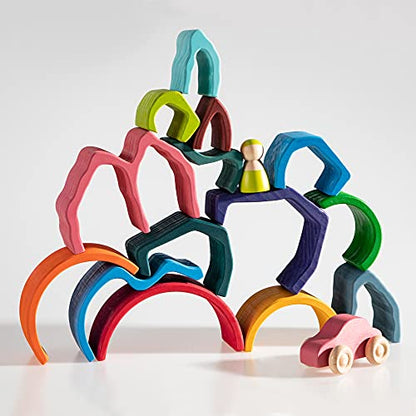 Wooden Rainbow Stacking Toy, Water Wave Elements Wooden Stacker, Various Shapes Nesting Stacking Blocks, Waldorf & Montessori Open-Ended Education Toy for Kids/Toddlers - color: Waterwaves