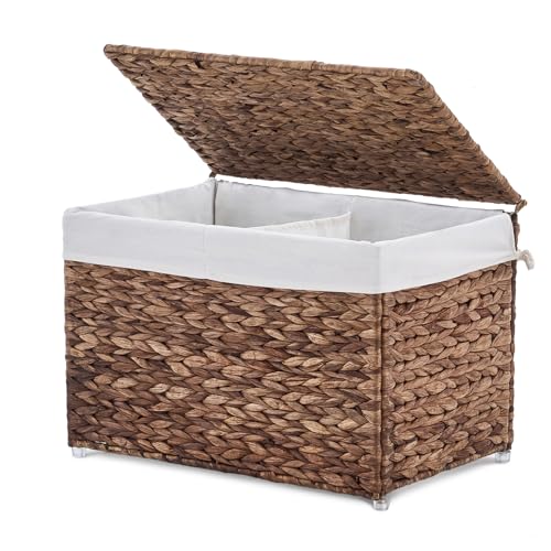Storage Basket with Lid, Woven Wicker Shelf Basket with Removable Liner, Metal Frame Rattan Storage Trunk with Handle for Laundry, Bedroom, Living Room, Office (Espresso, 65L) - color: Espresso, size: 65L