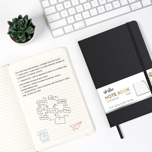 ViVin Lined Journal Notebooks for Work, 192 Pages, Medium 5.5 x 8.3 inch, College Ruled, A5 Hardcover Journaling Notebooks for Writing，Black，1 Pack