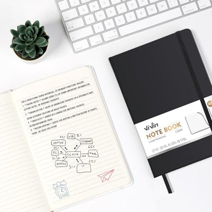 ViVin Lined Journal Notebooks for Work, 192 Pages, Medium 5.5 x 8.3 inch, College Ruled, A5 Hardcover Journaling Notebooks for Writing，Black，1 Pack