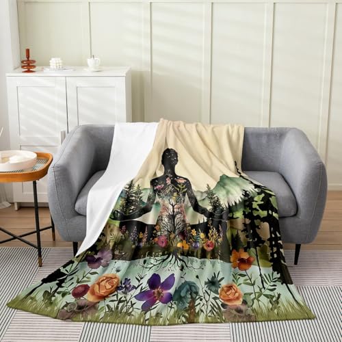 Castle Fairy Yoga Plush Throw Blanket,Botanical Floral Natural Flannel Fleece Blanket for Boys Girls Teens All Season,Chakra Meditation Bed Blankets Lightweight Room Decor 90x90,Green - color: Green 2, size: Queen