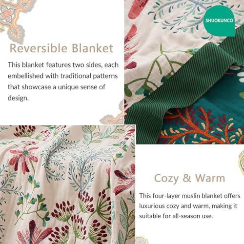 Boho Throw Blanket, 100% Cotton Ultra Soft Luxury Throw Rustic Quilt, Muslin Breathable Soft Bed Throw ，All Throw for Sofa Couch Chair 60x80 Inch - color: Precious Flowers, size: 60x80 Inch