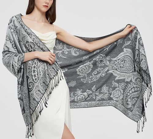 Pashmina Shawl Wrap with Ethnic Paisley Two Tone Jacquard Scarf for Women - color: Paisley-black Grey