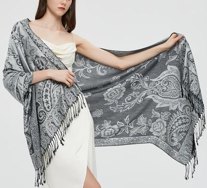 Pashmina Shawl Wrap with Ethnic Paisley Two Tone Jacquard Scarf for Women - color: Paisley-black Grey