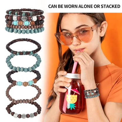 Mikovivi Beaded Bracelets for Women, Multilayer Boho Western Turquoise Bracelets Stackable Bohemian Bead Elastic Jewelry Gifts for Women Men