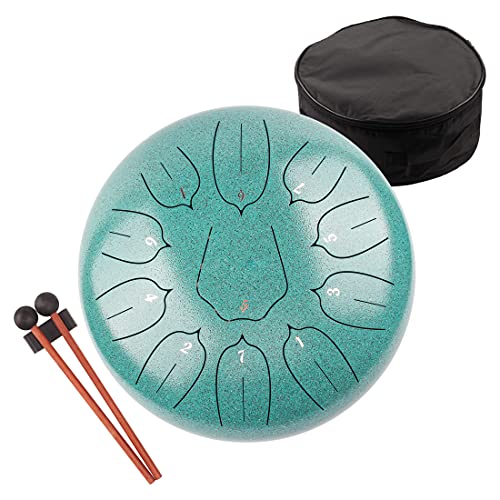Steel Tongue Drum 12 Inch 11 Notes for Adults - Ethereal Metal Instrument for Meditation & Yoga with Music Book, Mallets & Carry Bag (Malachite) - color: Malachite