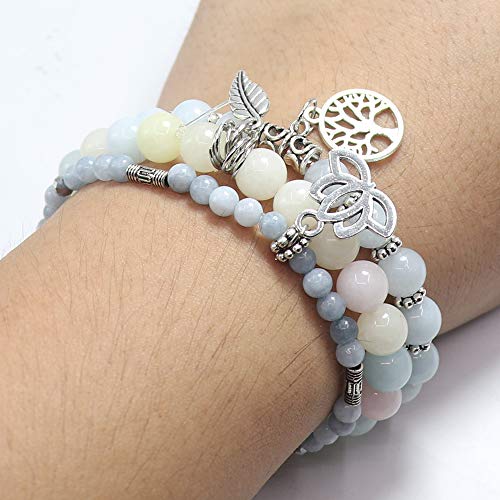 Tree of Life Yoga Healing Stone Bracelets,Multilayer Lotus Chakra Stone Reiki Bracelet Sets,Anxiety Crystal Natural Stone,for Women Stress Relief - style: Aquamarine + Morganite