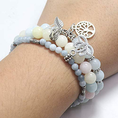 Tree of Life Yoga Healing Stone Bracelets,Multilayer Lotus Chakra Stone Reiki Bracelet Sets,Anxiety Crystal Natural Stone,for Women Stress Relief - style: Aquamarine + Morganite