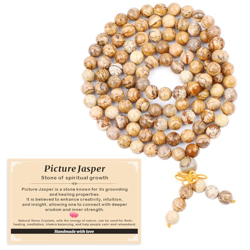AD Beads 6mm 8mm 108 Prayer Mala Jasper Elastic Bracelet - Handmade Yoga Meditation Healing Power Energy Gifts for Unisex Adult. - color: Picture Jasper(Spiritual)