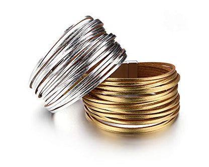 Fesciory Leather Wrap Bracelets for Women, Boho Leopard Multi-Layer Crystal Beads Cuff Bracelet Jewelry - color: B13:Short Silver
