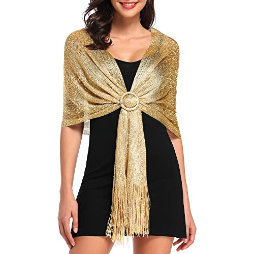 vimate Sparkling Metallic Shawls and Wraps for Evening Party/Wedding/Formal Dresses (With Free Buckle) - color: B1#. Gold (With Gold Buckle)