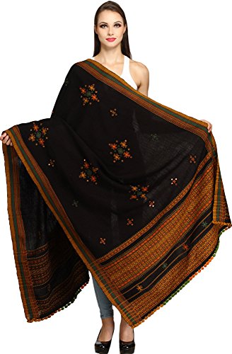 Exotic India Shawl from Kutch with Embroidered Bootis and Mirrors - Wool - color: Phantom Black