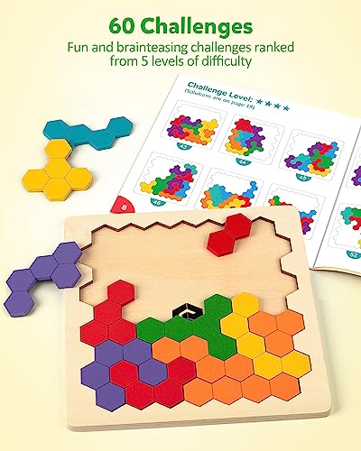 Coogam Wooden Tangram Puzzle, Color Shape Pattern Jigsaw Brain Teasers 3D Logic IQ Game Geometric Blocks Montessori STEM Educational Toys Gift for All Age