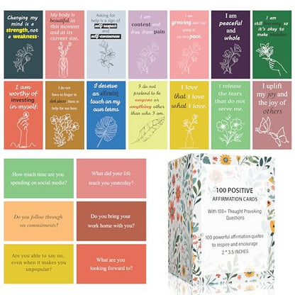 100 Positive Affirmations Cards for Women With Thought Provoking Questions on the Back, Inspirational Daily Affirmation Card for Women Self Care and Meditation, Unique Motivational Gift