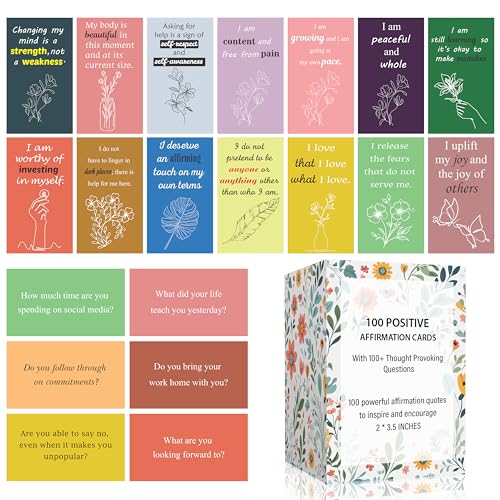 100 Positive Affirmations Cards for Women With Thought Provoking Questions on the Back, Inspirational Daily Affirmation Card for Women Self Care and Meditation, Unique Motivational Gift