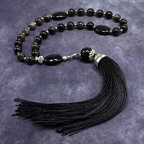 Mala Prayer Beads - Mala Necklace - Tibetan Mala Prayer Beads Meditation Beads Yoga Necklace - color: (POCKET MALA)-Silver Sheen Obsidian Natural Stone -8 mm- 27 Beads