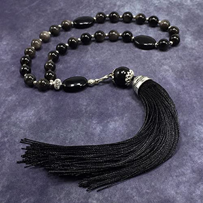Mala Prayer Beads - Mala Necklace - Tibetan Mala Prayer Beads Meditation Beads Yoga Necklace - color: (POCKET MALA)-Silver Sheen Obsidian Natural Stone -8 mm- 27 Beads