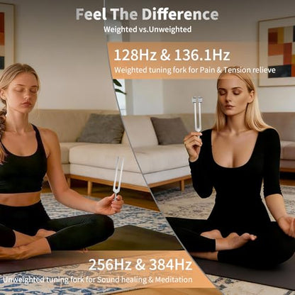 Tuning Fork Kit for Healing - 128Hz, 136.1Hz, 256Hz, 384Hz Weighted & Unweighted Tuning Forks for Chakra Sound Therapy, Meditation, Yoga, Stress Relief & Relaxation - Comes with Pouch, Ideal Gift