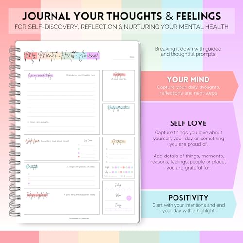 Mental Health Journal Planner | Daily Gratitude, Self Care, Intentions, Affirmations and Nutrition (Rainbow, A5) - color: Rainbow, size: A5