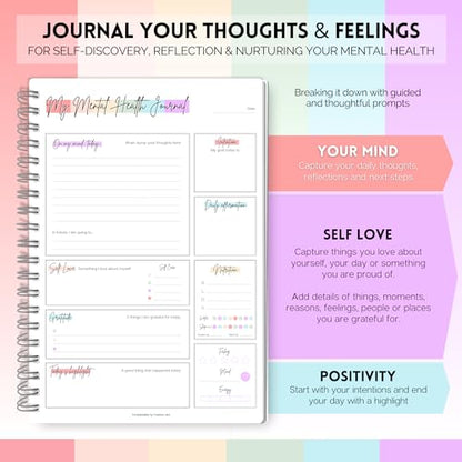 Mental Health Journal Planner | Daily Gratitude, Self Care, Intentions, Affirmations and Nutrition (Rainbow, A5) - color: Rainbow, size: A5