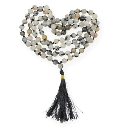 GEMSCITE Japa Mala 108 Prayer Beads Perfect for Meditation Spiritual Mala Necklace & Wrist Mala Bracelet - color: Black Rutilated Quartz, size: Hand Knotted