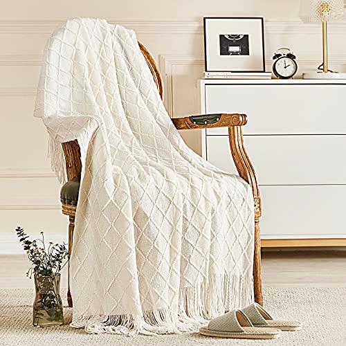 inhand Knitted Throw Blanket for Couch and Bed, Soft Living Room Home Decor Knitted Blanket with Tassel, Outdoor Lightweight Breathable Summer Blanket, Farmhouse Warm Woven Decorative, 50"x60" - color: A(off White), size: 50"x60"