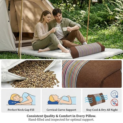 Adjustable Buckwheat Hull Pillow for Neck Pain Relief (21x8x4in) Natural Cooling Cervical Support Bed Pillow for Side & Back Sleepers with Night Sweats (Brown) - color: Brown