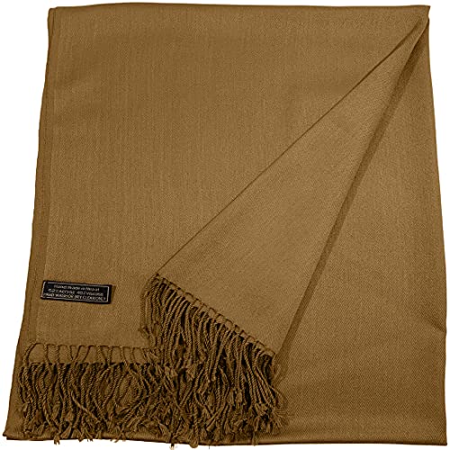 CJ Apparel Solid Color Tassels Design Nepalese Shawl Scarf Wrap Stole Throw Head Wrap Pashmina Gift Hand Made in Nepal New - color: Camel Brown