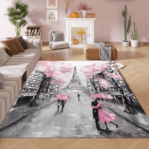 kxry 5 * 7 Feet Pink Paris Eiffel Tower Soft Area Rugs for Kids Girls Women French Style Couple Lover Flower Floor Carpet for Living Room Bedroom Dorms Nursery Rooms Home Decor Aesthetic - color: Multi4, size: 7' x 5' (Rectangular)