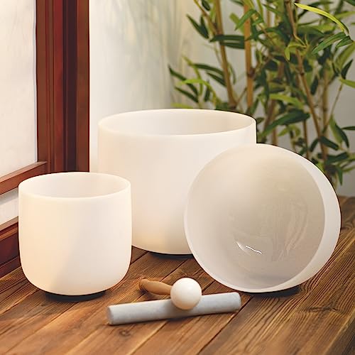 KVKA Set of 3pcs Chakra Frosted Quartz Crystal Singing Bowls Set 8-12 inch with Carrying Case - 12''C 10''F 8''B for Yoga Sound Healing